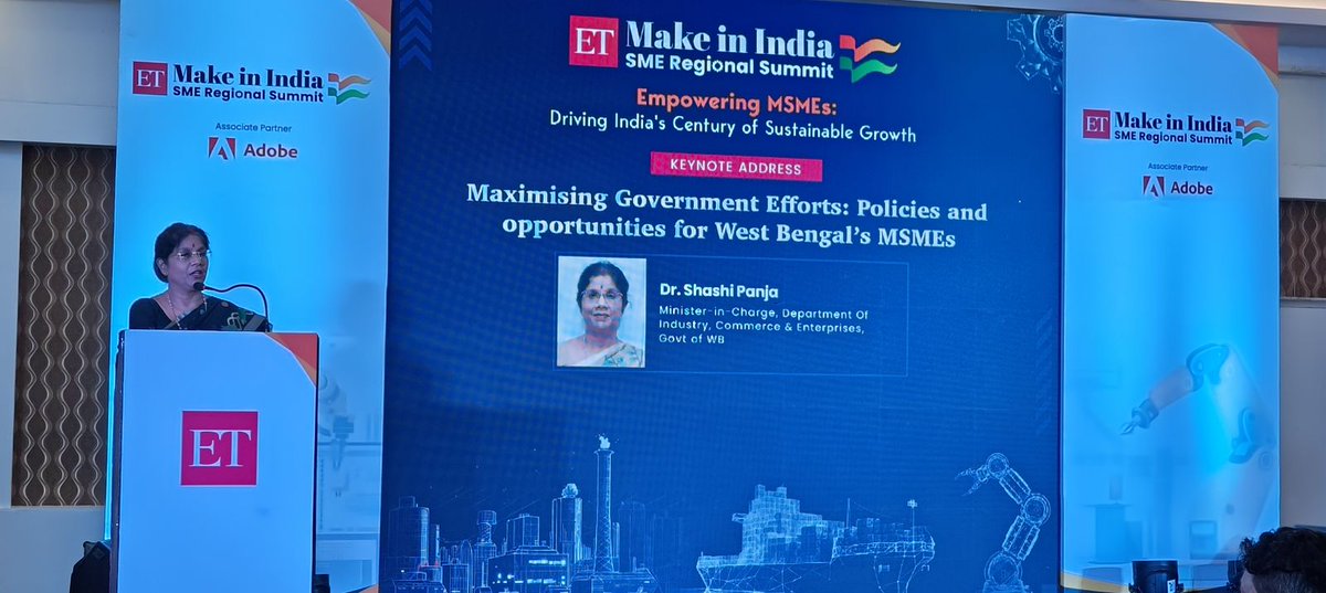 ET RISE (@et_rise) on Twitter photo In #Bengal we have productively exploited our own resources to boost #MSMEs. The state has robust policy for improving MSME infra, says <a href="/DrShashiPanja/">Dr. Shashi Panja</a>, Minister of Women and Child Development and Social Welfare of West Bengal in her keynote address at #ETSMESummits in #Kolkata. In #Bengal we have productively exploited our own resources to boost #MSMEs. The state has robust policy for improving MSME infra, says <a href="/DrShashiPanja/">Dr. Shashi Panja</a>, Minister of Women and Child Development and Social Welfare of West Bengal in her keynote address at #ETSMESummits in #Kolkata.