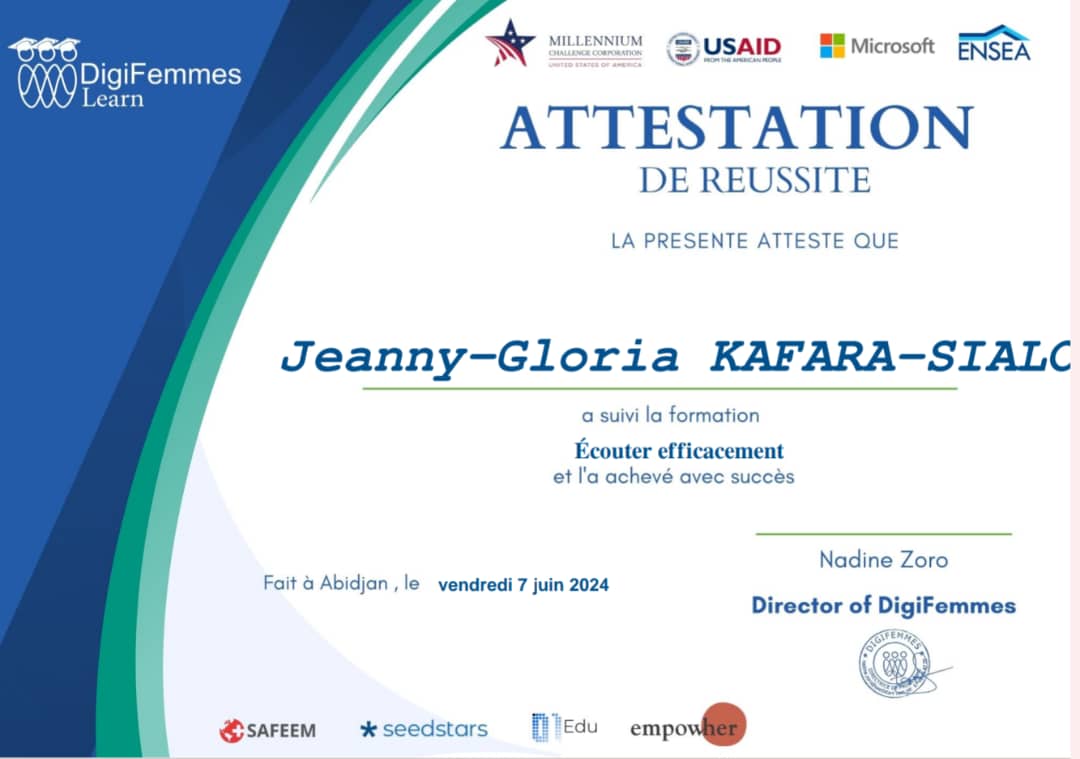 GloriaKafara's tweet image. Je remercie #DigifemmesLearn pour cette opportunité.
J'ai retenu cinq attitudes pour une écoute efficace :
- Se souvenir des détails ;
- Saisir la vision globale ;
- Évaluer le contenu ;
- Déceler les indices subtil ;
- Témoigner de l'empathie.

#Digifemmes
#Digifemmeslearn