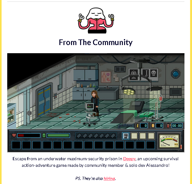 strangebeat_it's tweet photo. Thanks to @WorkWithIndies staff for including Deepy in the last newsletter!

Wishlist now on Steam
https://t.co/668qhpOT81

#Screenshotonsaturday #pixelart #horror #indiedev #horrorgames #IndieGameDev https://t.co/qPINMRcaTa