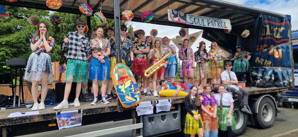 On Burnmill Road and ready to play on our moving stage <a href="/MHCarnival/">Harborough Carnival</a>