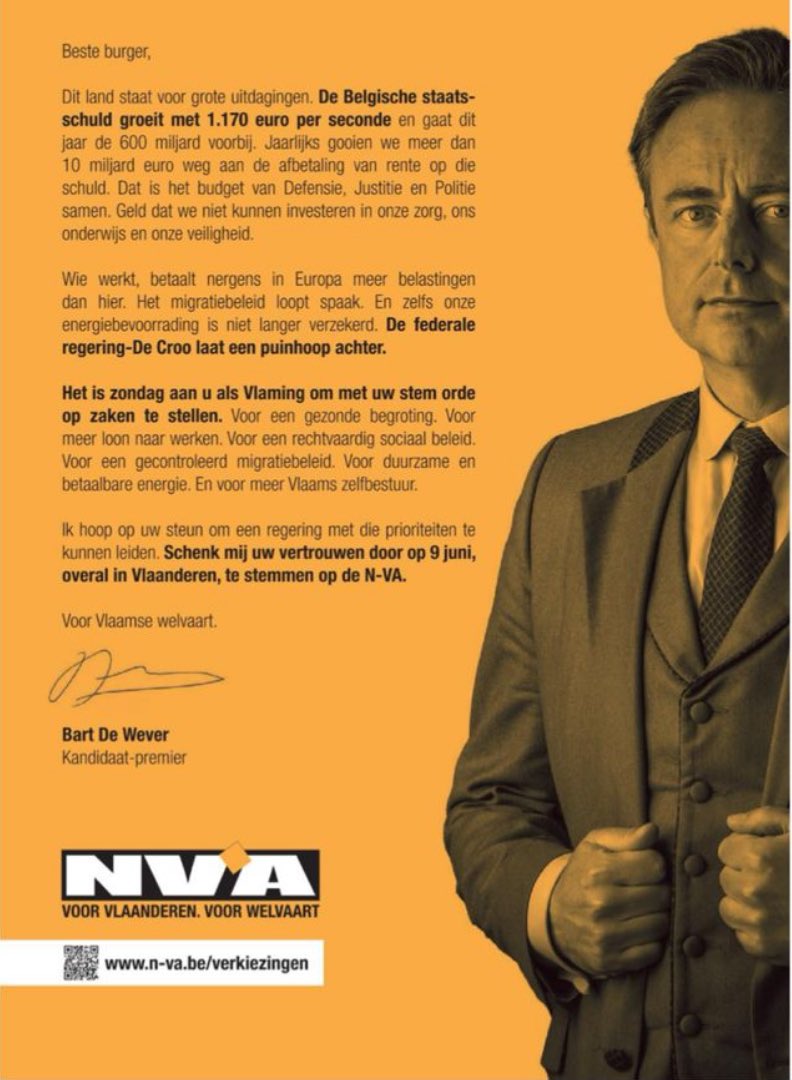 De Belgische staatsschuld stijgt met 1170 euro per seconde..

Laat dat 3 seconden bezinken…

Ok, nu zijn we 3510 euro verder…

Stem morgen <a href="/de_NVA/">N-VA</a> , stem voor Vlaamse Welvaart