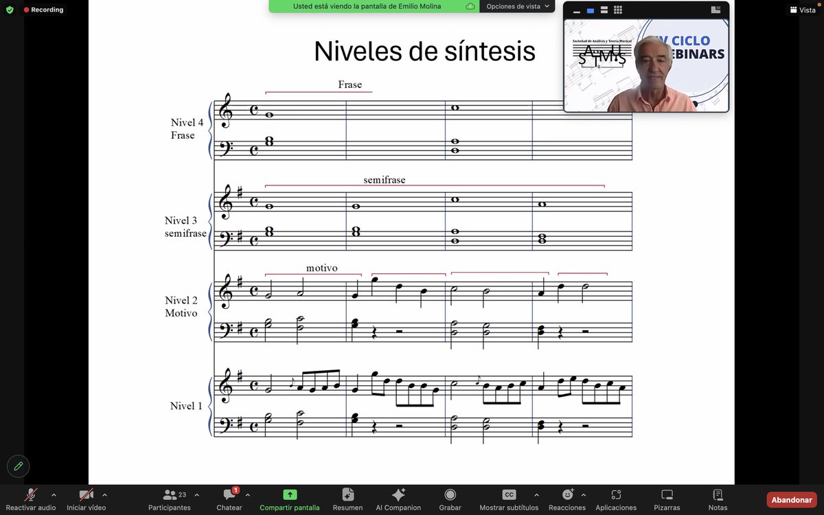 Ahora mismo en el webinar de SATMUS. Con Emilio Molina hablándonos de Análisis para la interpretación: los niveles de síntesis.

#webinar #webinarsatmus  #analisismusical #teoriamusical