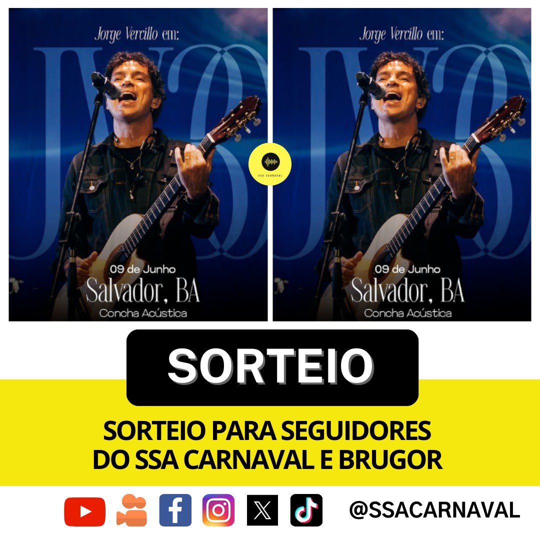 ssacarnaval's tweet photo. Sorteio de ingresso (meia-entrada) para a gravação do novo projeto de #JorgeVercillo em #Salvador! Todas as informações no Instagram: #Brugor e #SSACARNAVAL. https://t.co/qvyYGmqZ9H