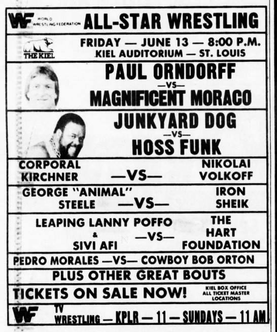 WWFWrestling1's tweet photo. On this day in 1986: WWF all-star wrestling in the Kiel Auditorium, St. Louis, Missouri. 🤼 #WWF #WWE #Wrestling #PaulOrondorff #DonMuraco #HossFunk #JunkyardDog https://t.co/fmnW56xkFm