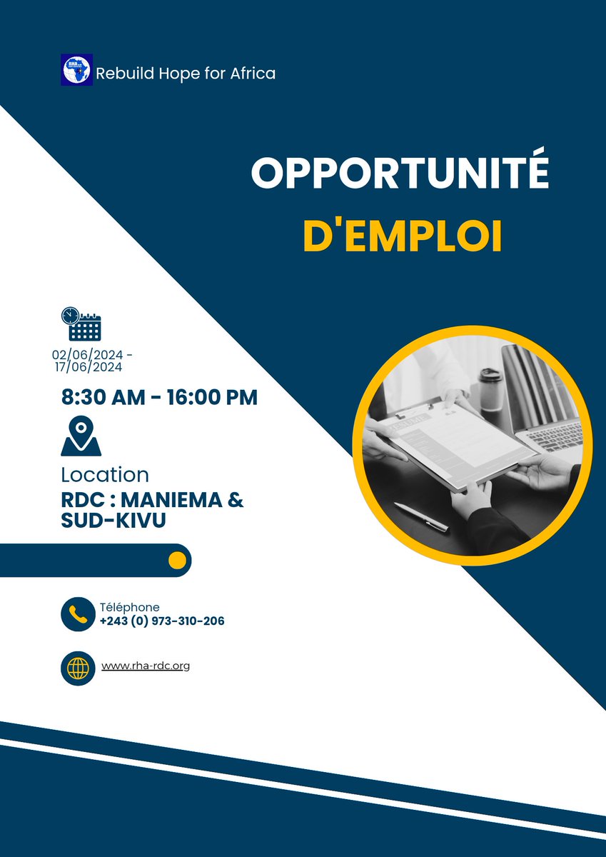 Opportunité d'Emploi: offres disponibles chez Rebuild Hope for Africa (RHA) #RDC. 
Date publication : 02/06/2024
Fin: 17/06/2024
Découvrez ces opportunités en cliquant sur le lien: rha-rdc.org/offres.php