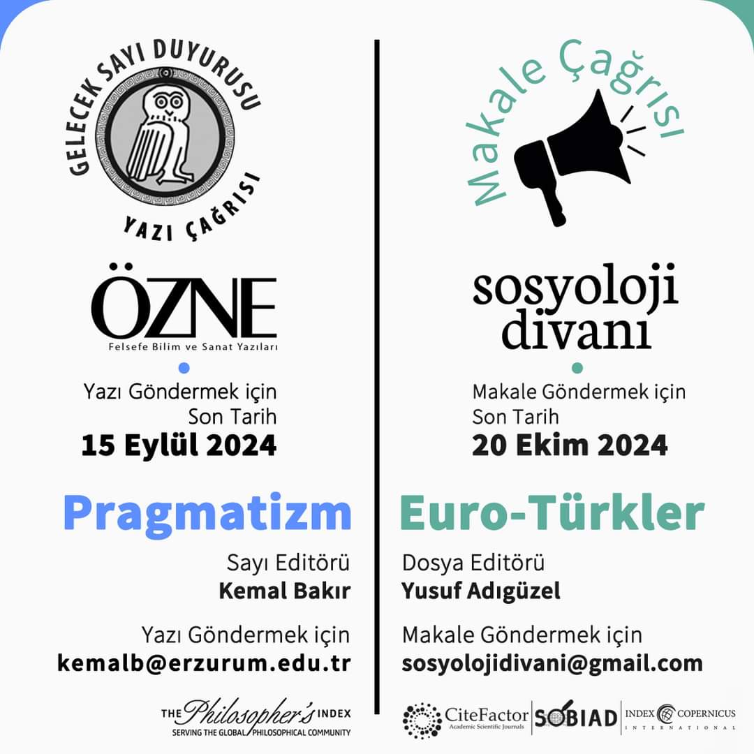 Yazı Çağrısı | Makale Çağrısı

● ÖZNE 41. Kitap 
Felsefe Bilim ve Sanat Yazıları

● SOSYOLOJİ DİVANI 24. Sayı
Sosyoloji Dergisi

► cizgikitabevi.com
► sosyolojidivani.com
► oznefelsefesanat.blogspot.com