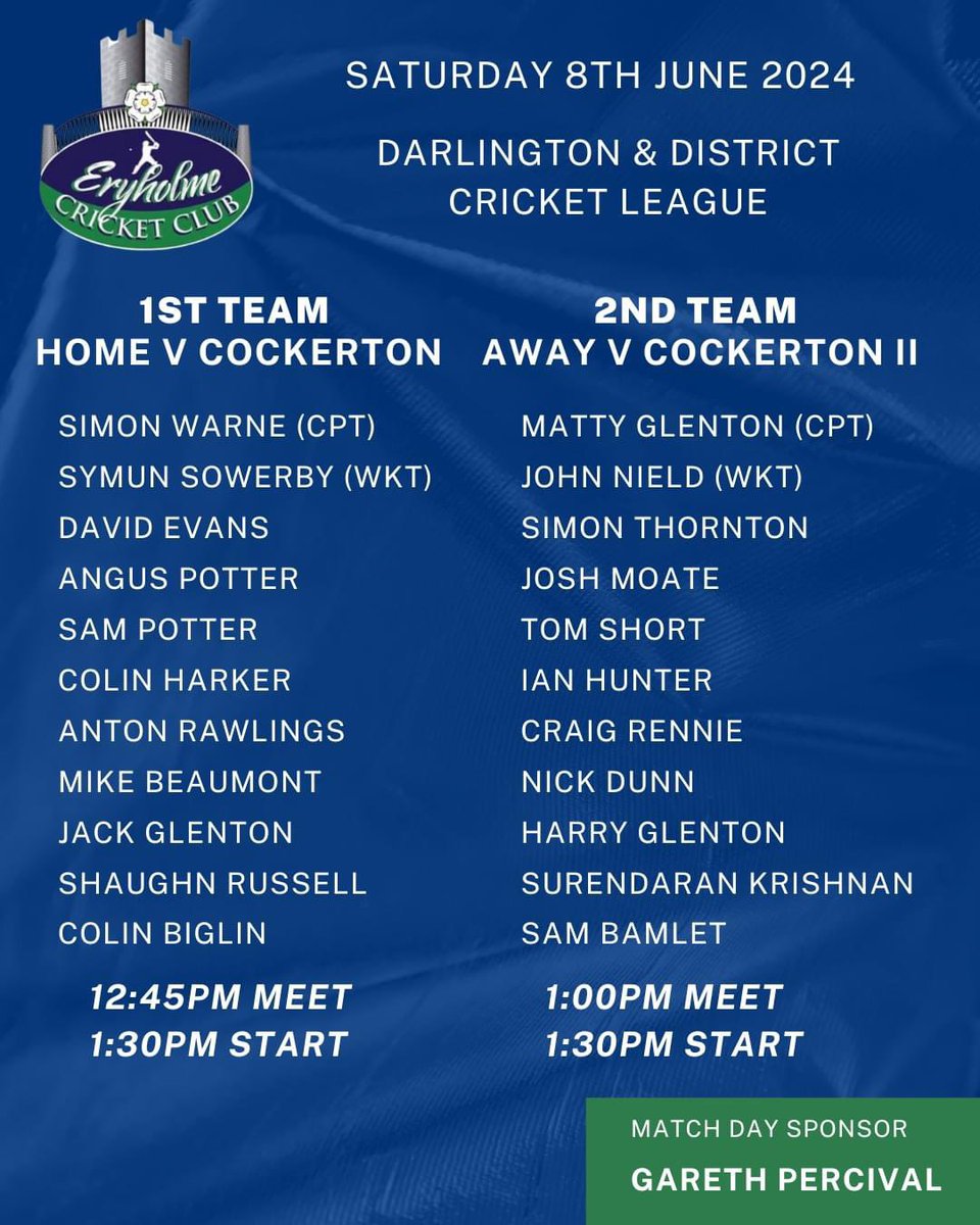 Today's teams as we take on Cockerton 1s &amp; 2s. 

Weather looks set fair, and hopefully we can match last weekend's positive results.

Thanks to this week's matchday sponsor Gareth 🚌 Percival. 

🏏

#UpTheHolme