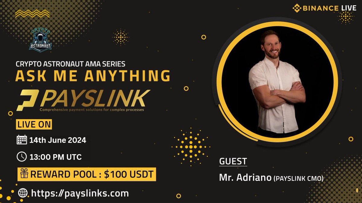 CryptoAs_TW's tweet photo. We're thrilled to announce our next #AMA with"PAYSLINK"on 14th June 2024 at, 13:00 PM UTC 

🔶 𝗕𝗜𝗡𝗔𝗡𝗖𝗘 𝗟𝗜𝗩𝗘 🔶

🏠Venue: https://t.co/44RXJ0VbrP

🎁 Reward Pool: $100 USDT

🔰Rules
Follow @CryptoAs_TW &amp; @payslink

💠 Comment &amp; Like,Retweet &amp; Follow https://t.co/XmM2df48DL