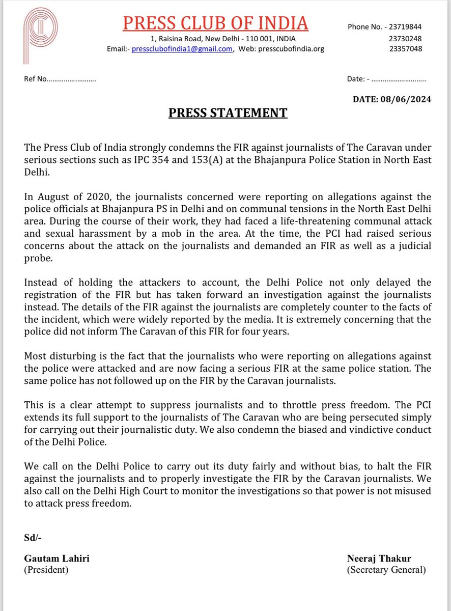 We strongly condemn the FIR against journalists of “The Caravan” at the Bhajanpura PS in North East Delhi.

We call on <a href="/DelhiPolice/">Delhi Police</a> to carry out its duty fairly and without bias, to halt the FIR against them and to properly investigate the FIR by the Caravan journalists.