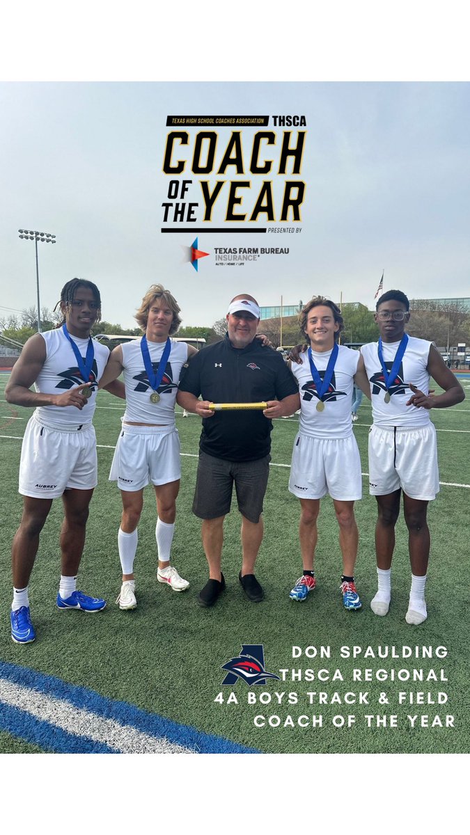 .<a href="/aubrey_ahs/">Aubrey High School</a> track and field Coach Don Spaulding was named THSCA Regional Head 4A Boys Track &amp; Field Coach of the Year! We couldn't be more #AubreyProud of Coach Spaulding for earning this career achievement.