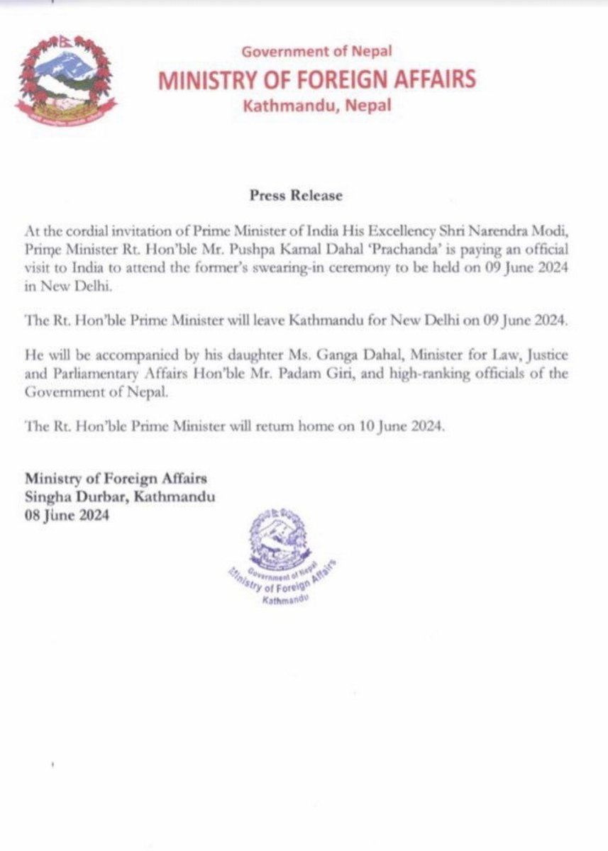NavitaSrikant's tweet image. #PMModiThirdTerm #Nepal #India 
The swearing in ceremony of Prime Minister @narendramodi will be attended by Prime Minister Pushpa Kamal Dahal of Nepal who will be joined on the Official trip by Minister Padam Giri and Ms Ganga Dahal. Other high ranking officials will also join…