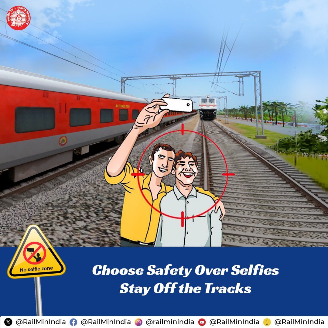 RailMinIndia's tweet photo. While it might be tempting to snap the perfect selfies, Railway tracks aren't safe places for photos.

#ResponsibleRailYatri https://t.co/b6hiFMHGVG