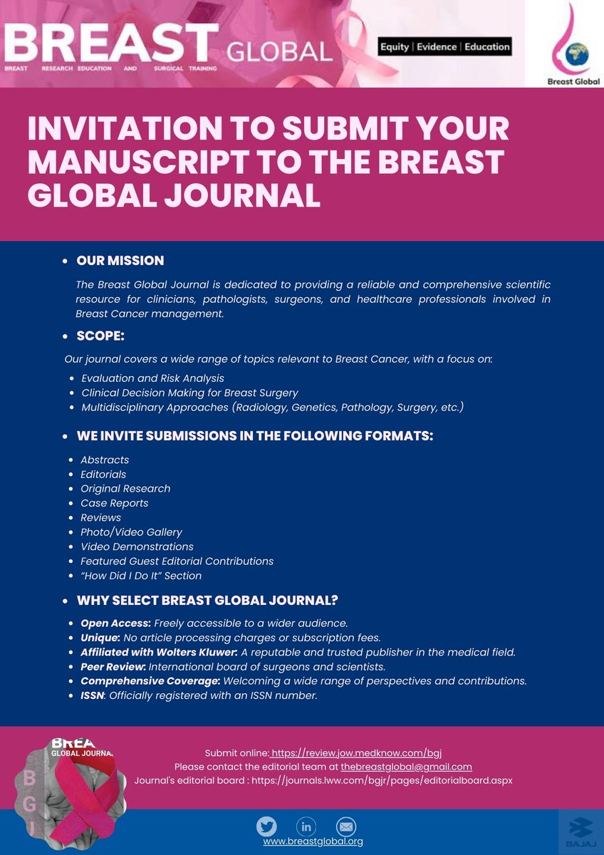breast_global's tweet photo. Call for Article Contributions: Breast Cancer   
Breast Global Journal is excited to extend an open invitation to all esteemed researchers, scientists &amp; doctors to contribute their valuable expertise on Breast Cancer. 
Submit online: https://t.co/qBvJ3EHaLv #openaccess #noAPC https://t.co/2HHg0l1Li9