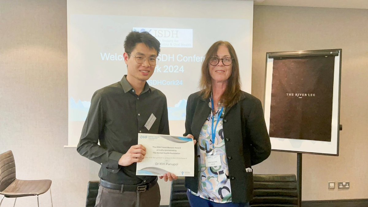 ISDHtweets's tweet photo. Dr Kim Panupol is presented with his ISDH travel bursary award by Orla Kennedy of sponsors @DHF_Ireland at #ISDHCork24. His work titled "Behavioural Support, sedation or GA? A prediction model for better decision making." Well done Dr Kim! https://t.co/ZtaEMAZVx8