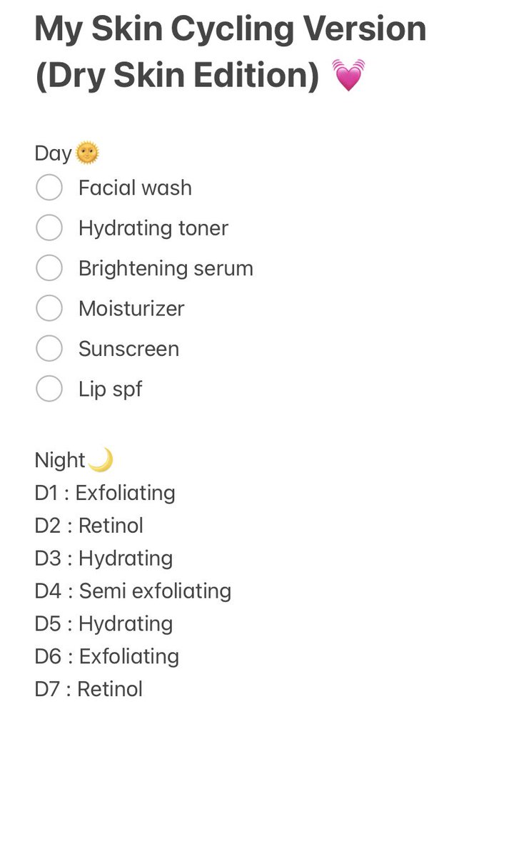 AuliaRusady's tweet photo. Mau share jadwal skin cycling aku, agak berbeda tapi works!
Share puny kalian jg dong
#skincycling #beauty #skincare https://t.co/EtVKuMyQrJ