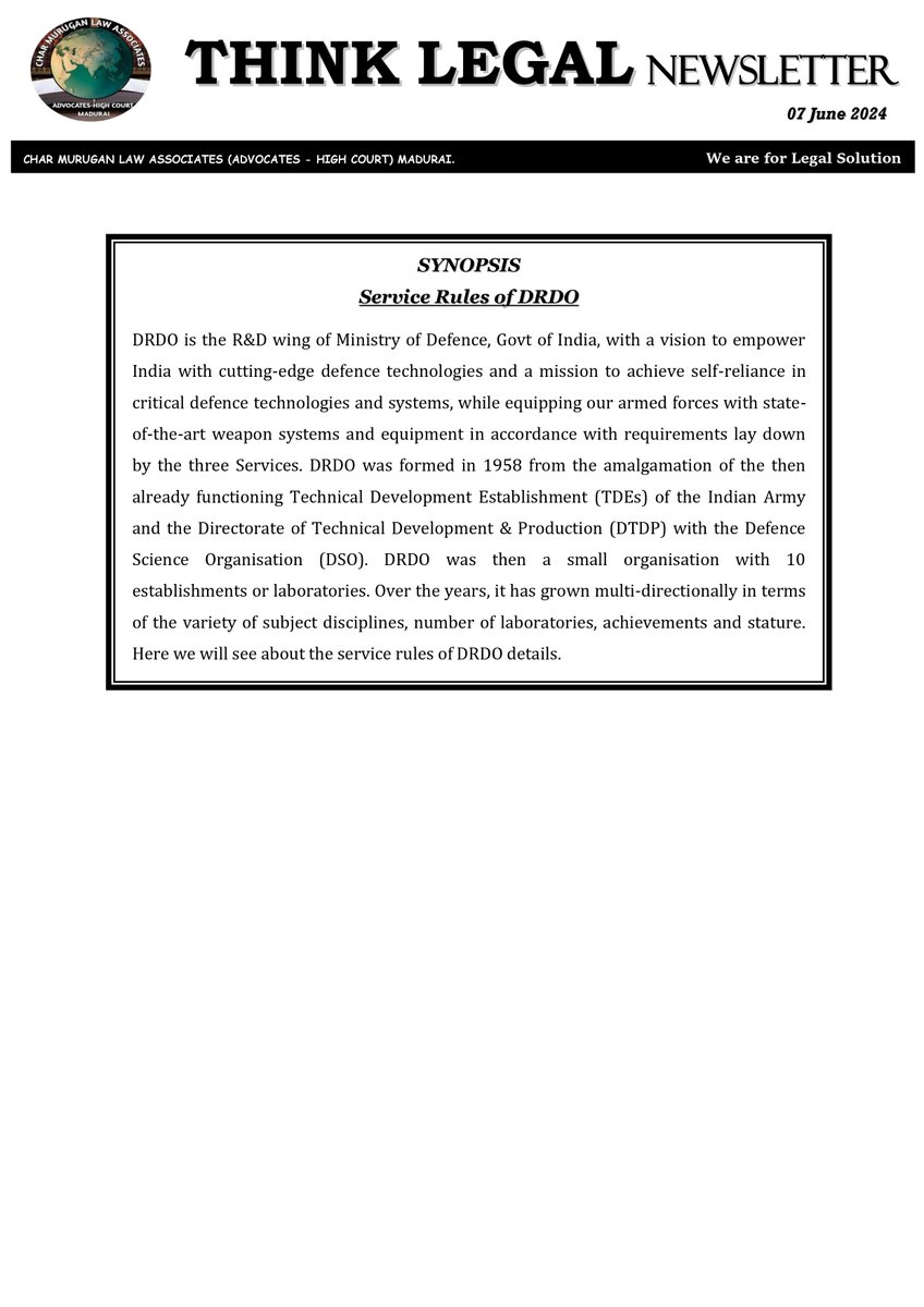 law_murugan's tweet image. THINK LEGAL NEWSLETTER
SERVICE RULES OF DRDO
#developmentresearch | #developmentservice | #drdo | #charmuruganlawassociates |