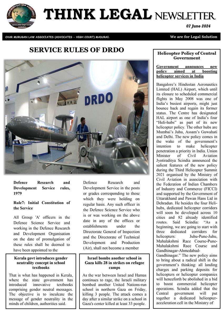 law_murugan's tweet image. THINK LEGAL NEWSLETTER
SERVICE RULES OF DRDO
#developmentresearch | #developmentservice | #drdo | #charmuruganlawassociates |