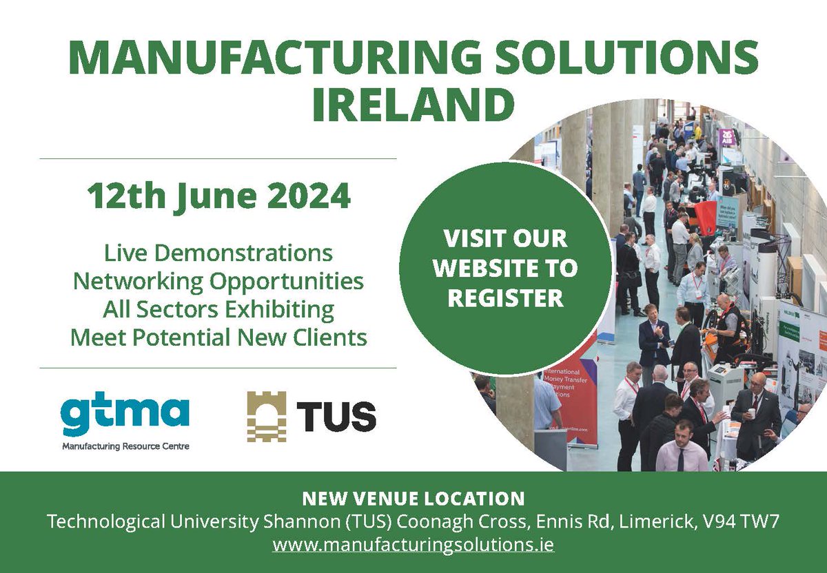 🪢Have you got this one in your diary ?📆
MANUFACTURING SOLUTIONS 2024
12th June 2024 from 8:30am – 4:00pm
Technological University Of The Shannon (TUS) Coonagh Cross Campus, Ennis Road, Limerick, Ireland
Free to attend  register here👉obi41.nl/2p8b29hn