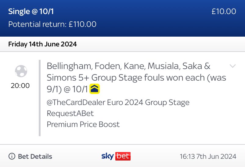 🏆 #EURO2024 FOULS WON BOOST 🏆

Back it here: tcd.bet/Euro24FoulsWon

🏴󠁧󠁢󠁥󠁮󠁧󠁿 Bellingham won the most fouls for Real Madrid in LaLiga &amp; the Champions League, averaging 2.78 &amp; 1.81 fouls won p/90.

🏴󠁧󠁢󠁥󠁮󠁧󠁿 Foden won the most fouls for Man City in the Premier League, averaging 1.88 p/90.