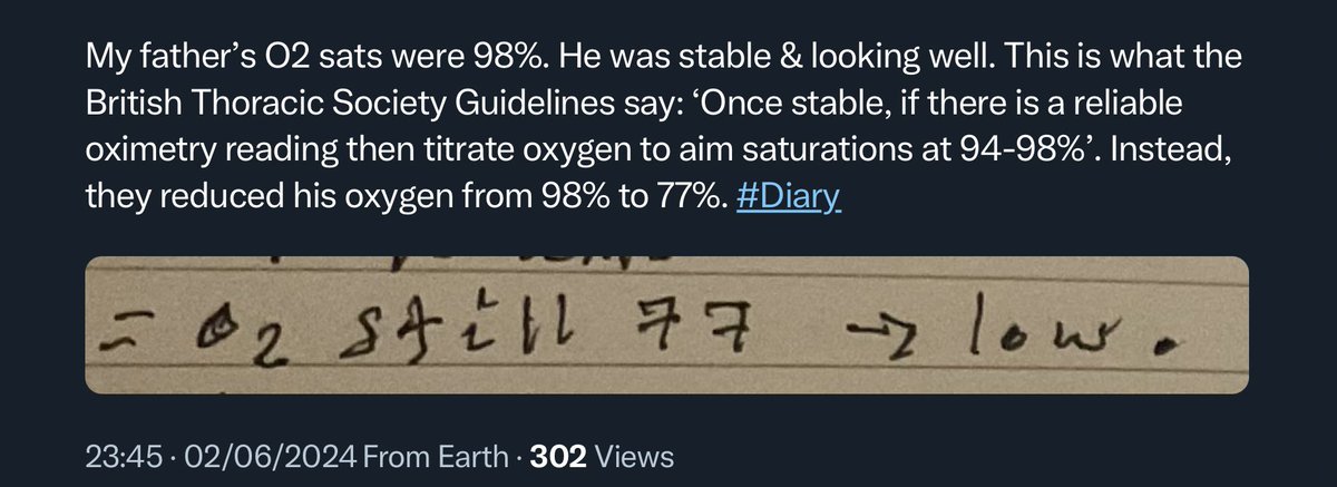Quamasparagi's tweet image. It would depend upon the hospital. My father, who was a retired surgeon, was involuntarily euthanised at Morriston Hospital, Swansea, having been severely deprived of oxygen from 26 July 2023 to 2 August 2023. This is his diary entry for 27 July. #Murder #Midazolam