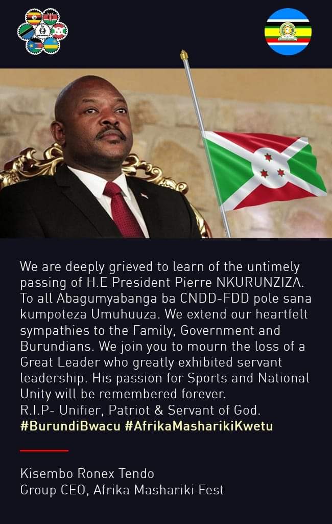 RonexKisembo's tweet photo. 8/6/2020, tuliamkia taarifa za kuhuzunisha sana - Ndugu na Rafiki yangu Rais wa Burundi Pierre Nkurunziza akiwa ameaga dunia!! Hayati "Mpatanishi w'Abarundi" endelea kupumzika kwa amani peponi. @NtareHouse @GeneralNeva @nshingamateka @Burundi_senat @DeniseBucumi @KagutaMuseveni https://t.co/Qhoo6hG3Yn