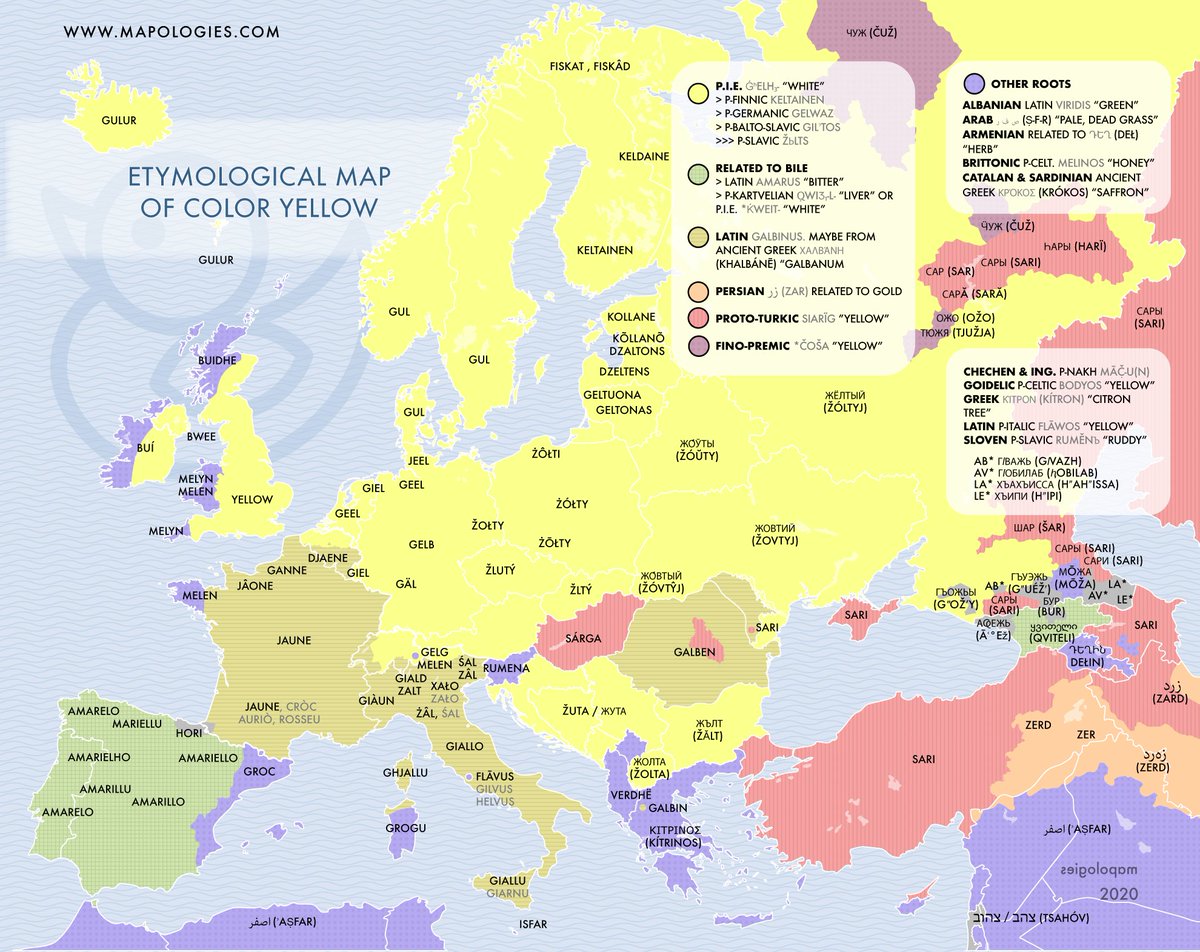 Mapologies_com's tweet photo. In the Iberian peninsula, yellow comes from Latin amarus, a word that meant bitter. Some theories say that the relation between the color yellow and the bitterness of the bile or the effects of liver diseases on the skin.
https://t.co/U9lmrZhwqA
#mapologies #etymologymap https://t.co/7cfi6zCY4y