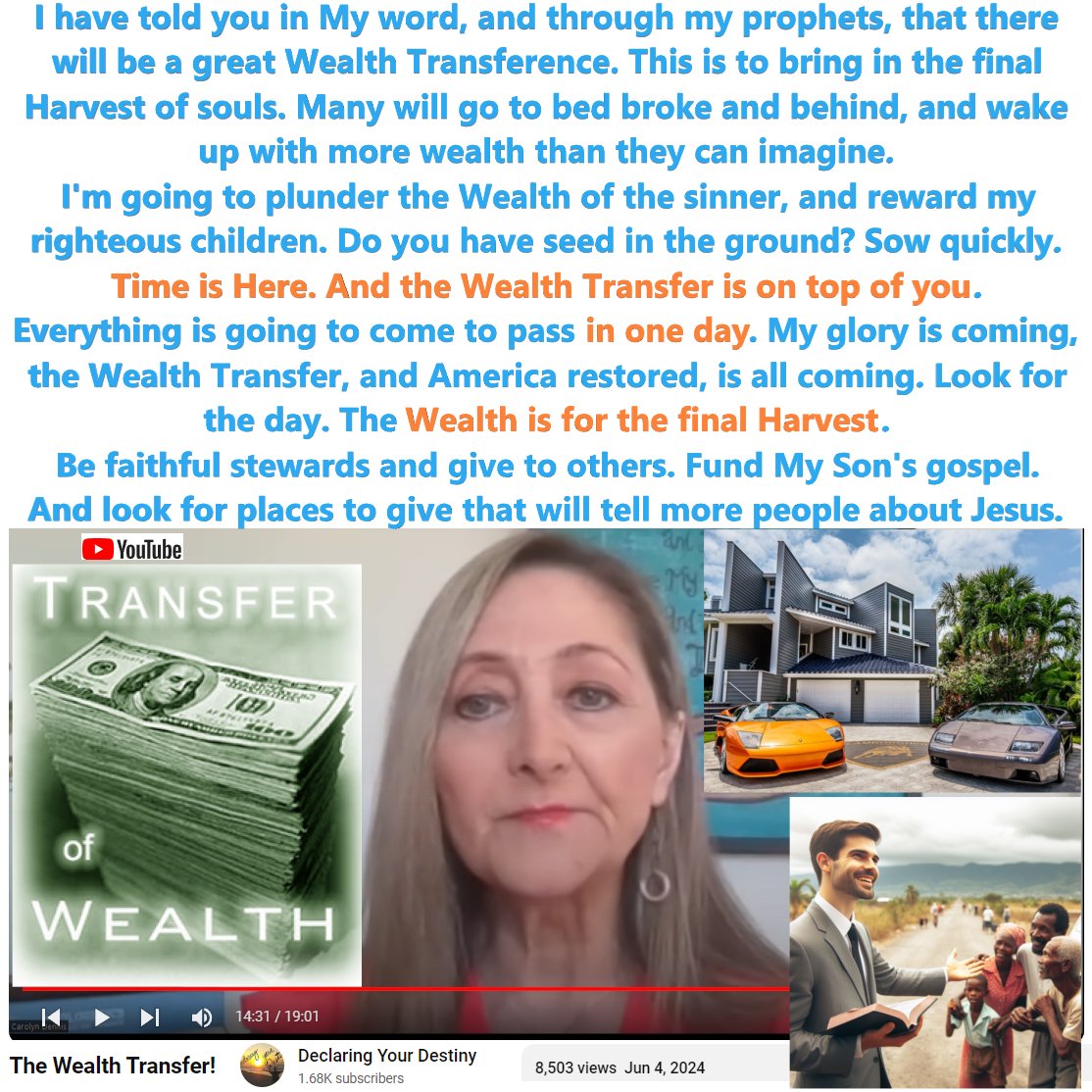 Prophetic_Money's tweet image. God: There will be a great Wealth Transference. This is to bring in the final Harvest of souls. Many will go to bed broke and behind, and wake up with more wealth than they can imagine. I'm going to plunder the wealth of the sinner... 

Full prophecy: youtube.com/@PropheticMone…