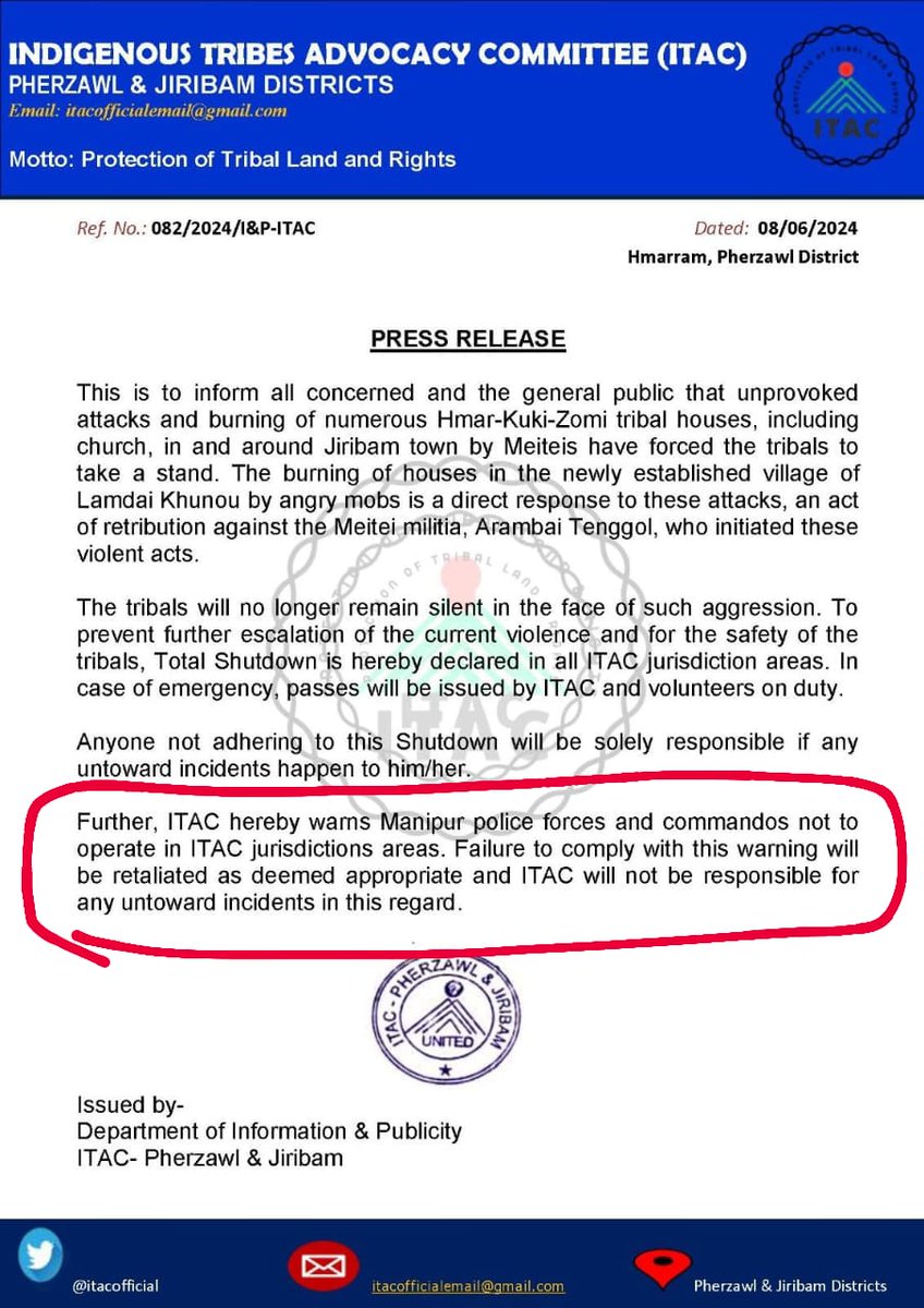 meiteiheritage's tweet photo. ‼️ #Kukis now threaten #Manipur Govt from operating in #Jiribam, after the barbaric abduction and cold-blooded beheading of a #Meitei farmer and burning down Meiteis houses. 

‼️They have now offficialy revealed their sinister agenda i.e to make #Jiribam another #Churachandpur  and #Moreh, and occupy the land affter cleansing Meitei by Kuki Militants. This is a classic example of perpetrators playing the victim card through a web of lies.

‼️We again appeal to @NBirenSingh @manipur_police @official_dgar
@BSF_India @adgpi to hunt down these perpetrators instead of mere evacaution of #Meiteis from their homes, which would end up supporting  their divisive agenda. 

‼️What more does the govt need to Crack down onbthese anti national forces❓️

@Swamy39 @ShashiTharoor
@Bimol_Akoijam @Aabhas2 @PankajSaxena84 @AskAnshul @IndEditorsGuild @DivyaSoti @ReclaimTemples @LostTemple7 @monidipadey @VeteranLNSingh @ARanganathan72 @jsaideepak @hindupost @HinduVoice_in  @pGurus1 @SarahLGates1 @Voice_For_India @UnSubtleDesi @OpIndia_com @HinduEcosystem_ @Ramesh_hjs @eOrganiser @RituRathaur @MNageswarRaoIPS
@Thakur_VishalS @RadharamnDas
@amoghliladas @jyotirmathah @GitaSKapoor_ @paganhindu
@Anti_Congressi @AdvAshutoshBJP
@shashank_ssj @Bharatvidya1
@wokiepedia @Tushar_KN @TheIndianJosh @Incognito_qfs  @VladAdiReturns @HinduAmericans 
 @RajatSethi86 @ANI
