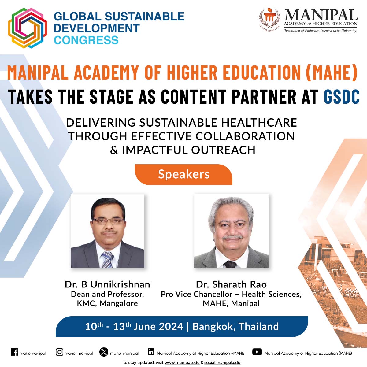 MAHE_Manipal's tweet photo. MAHE is honoured to be a content partner at the Global Sustainable Development Congress, co-hosted by Thailand’s Ministry of Higher Education, Science, Research and Innovation. 
#GSDC #sustainability #globalleadership #innovateforchange #mahe #mahemanipal #greenfuture https://t.co/5coJTIpT5m