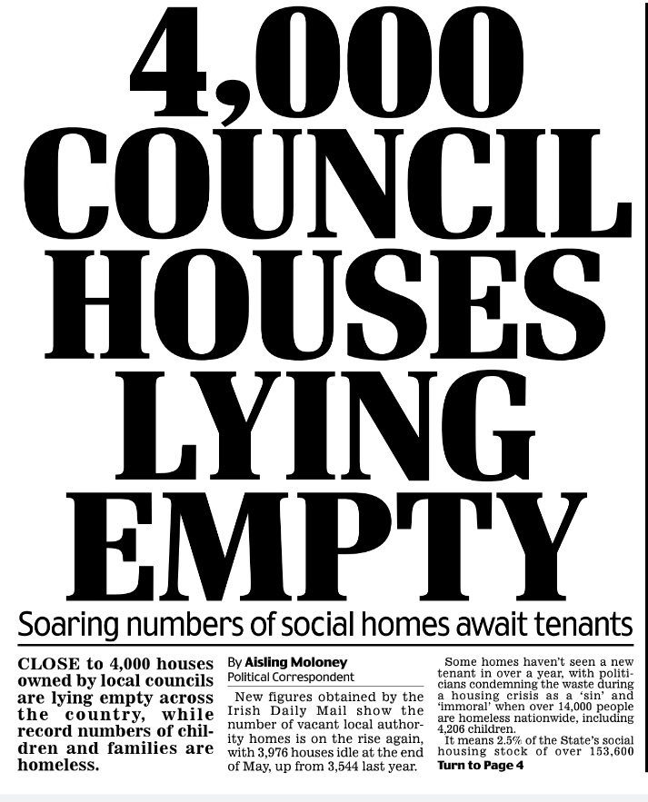 caulmick's tweet photo. CLOSE to 4,000 houses owned by local councils are lying empty across the country, while record numbers of children and families are homeless.
#vacanthomes #HousingCrisis
#HomelessCrisis #not1home https://t.co/FuGbTMtuWb
