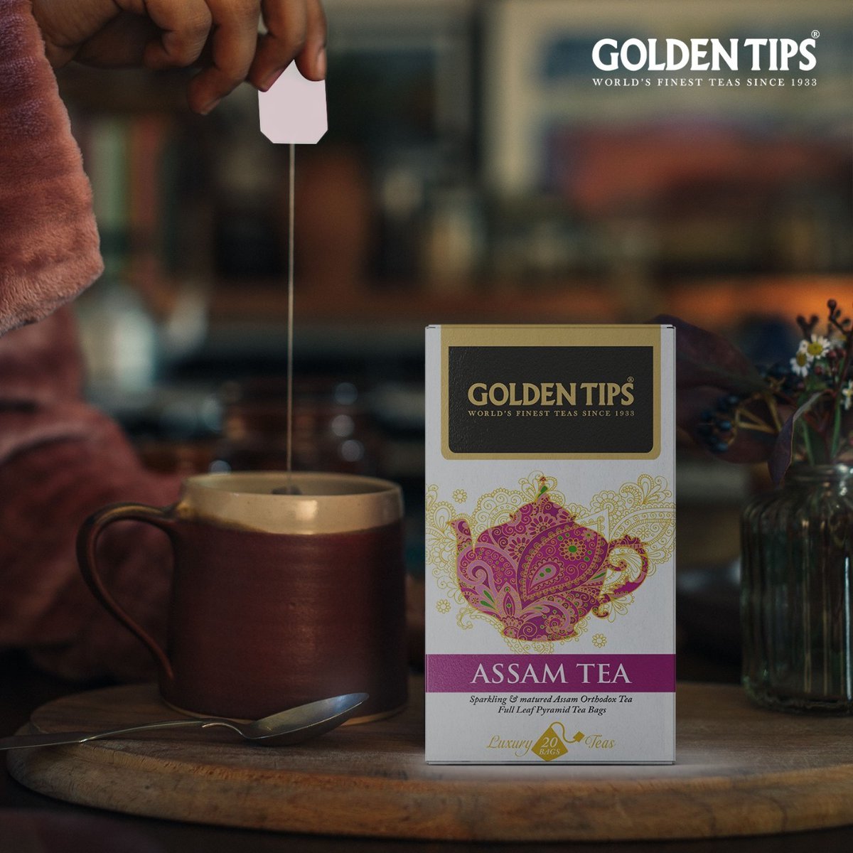 GoldenTipsTea's tweet photo. From Assam's lush estates, our Full Leaf Pyramid Tea Bags bring you rare golden-tipped leaves for a strong, malty brew with a Dark amber color. Perfect for the discerning tea lover. 🍂🍵 #AssamTea #FullLeafTea #goldentipstea #tea #teatime #pyramidteabag #darkamber https://t.co/nLgMSFMc9E