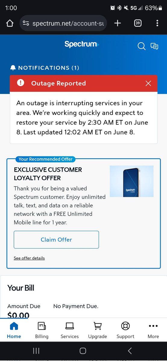 JLawrence317's tweet photo. @Ask_Spectrum It's now 2:45am. Not only has our service not been restored, but there hasn't even been any update provided. 🫤 https://t.co/uDLyM8dhsb