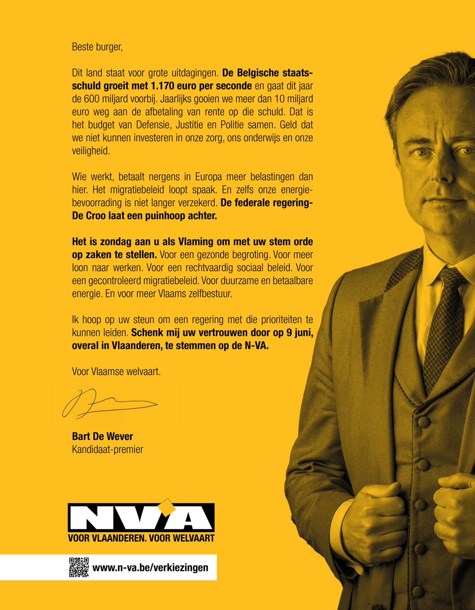 Dit land staat voor grote uitdagingen. Het is zondag aan u als Vlaming om met uw stem orde op zaken te stellen. Schenk ons uw vertrouwen en stem overal in Vlaanderen op <a href="/de_NVA/">N-VA</a>.

Voor Vlaamse welvaart! ✌️