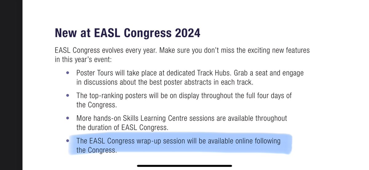Rui Castro (@ruicastrohd) on Twitter photo Last day of #EASLCongress 2024!
But often, the best is saved for last 😉
I just want to remind everyone that this year’s wrap-up sessions will be online only and soon freely accessible to everyone ☺️
<a href="/EASLnews/">EASLnews</a> <a href="/AleksanderKrag/">Aleksander Krag</a> <a href="/DebbieShawcros1/">Debbie Shawcross</a> <a href="/aelsharkawy75/">Ahmed Elsharkawy</a> <a href="/analleo/">Ana Lleo</a> Last day of #EASLCongress 2024!
But often, the best is saved for last 😉
I just want to remind everyone that this year’s wrap-up sessions will be online only and soon freely accessible to everyone ☺️
<a href="/EASLnews/">EASLnews</a> <a href="/AleksanderKrag/">Aleksander Krag</a> <a href="/DebbieShawcros1/">Debbie Shawcross</a> <a href="/aelsharkawy75/">Ahmed Elsharkawy</a> <a href="/analleo/">Ana Lleo</a>