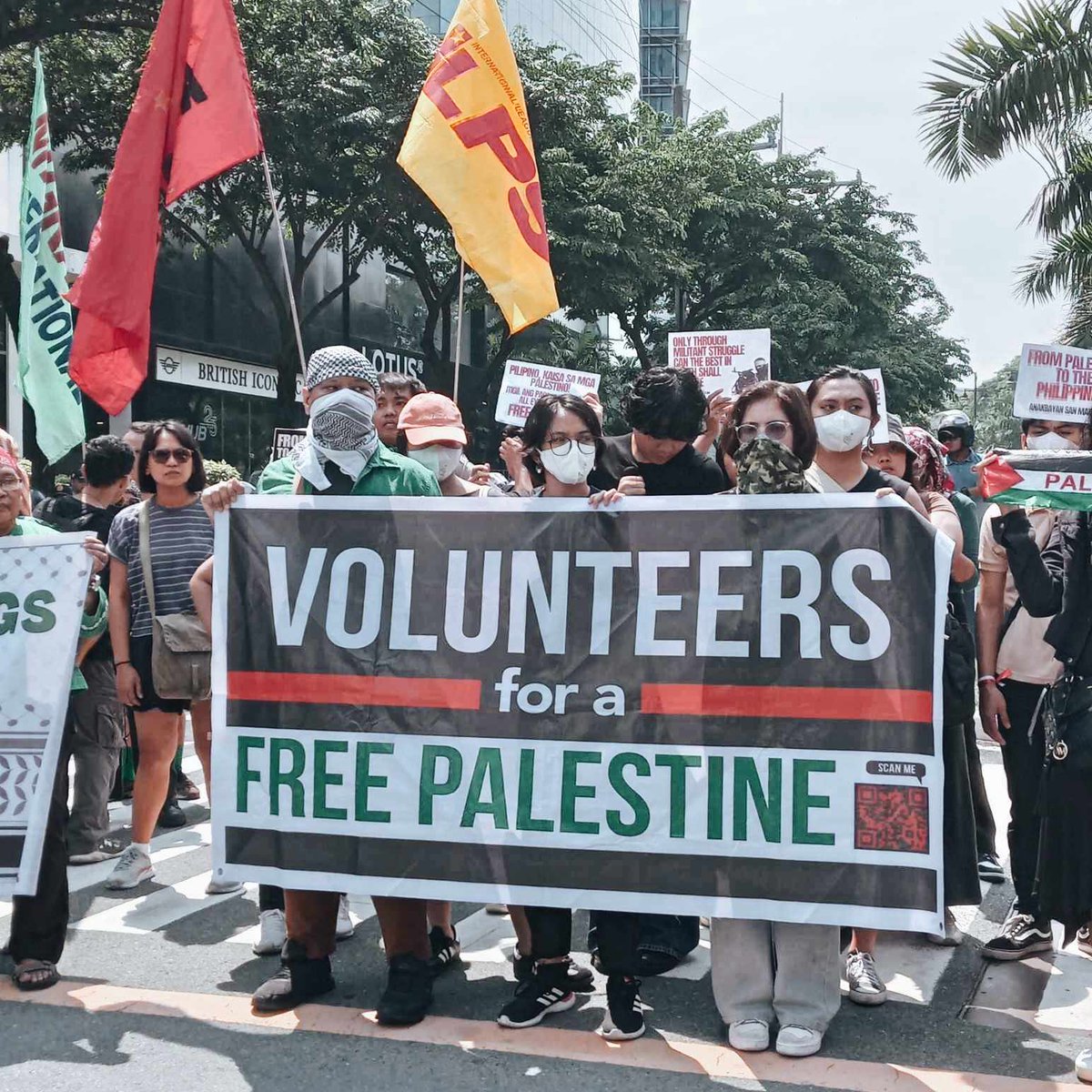 PandaySiningPH's tweet photo. On the 8th month of the ongoing genocide in Palestine, various progressive groups in the Philippines gathered in front of the Israel Embassy with their signboards to call for an end to the genocide. https://t.co/w4Ns0evRyg