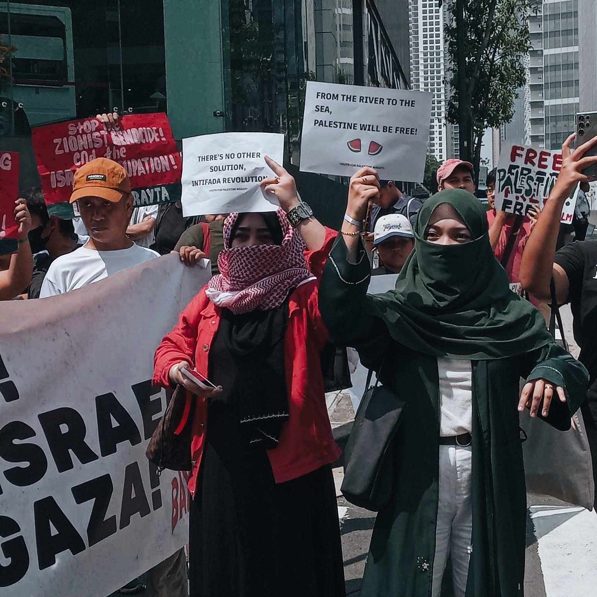 PandaySiningPH's tweet photo. On the 8th month of the ongoing genocide in Palestine, various progressive groups in the Philippines gathered in front of the Israel Embassy with their signboards to call for an end to the genocide. https://t.co/w4Ns0evRyg