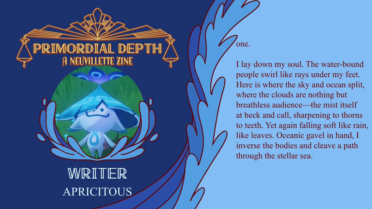 NeuvilletteZine's tweet photo. 🌊Contributor Spotlight🌊
Introducing @apricitous, a Writer for The Steambird!

“hi! i'm micah, your average water dragon enjoyer” https://t.co/OcBI6mSlXw