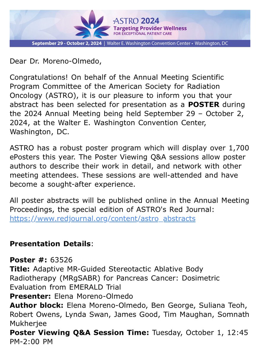 Thrilled that our abstract has been selected for the next #ASTRO24 meeting! 
1st data reported of #EMERALD trial and working on more…. Huge thanks to all the co-authors involved. <a href="/GenesisCare/">GenesisCareUK</a> and <a href="/NHSuk/">NHS</a>