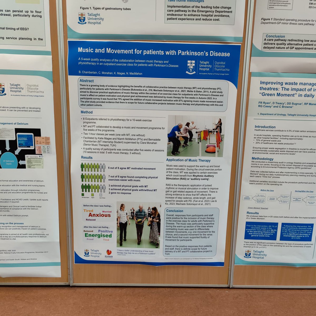 Proud to have our music therapy poster displayed at the TUH Clinical Audit and Quality Improvement Symposium. 'Music and Movement for patients with Parkinson's Disease' was a collaborative project with physiotherapy facilitated by Bernadette Chamberlain (MT Intern) #tuh #mt #pt