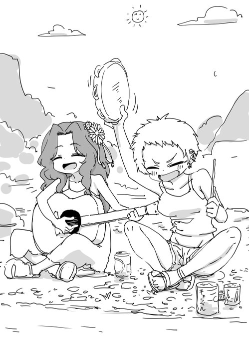 ファンボックスに『仙崎恵磨ちゃんと有浦柑奈ちゃんが河川敷で並んで座り歌っている所』リクエストが来たので描きました 