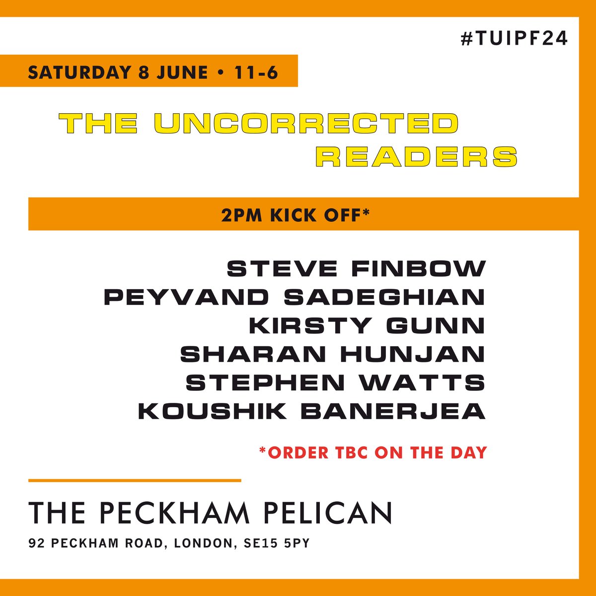 .Unsponsored, Uncorrected, Independent! "The world's smallest publisher fair" aka TUIPF aka #TUIPF24. Seven of UK's best indie presses with six author-readers holding their own. TODAY. Free entry, all welcome. Venue <a href="/PeckhamPelican/">The Peckham Pelican</a> 11-6, readings 2pm. Onwards!
