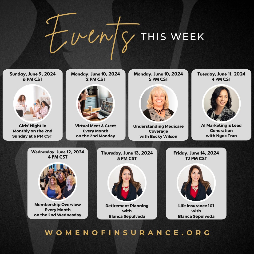 wmnofinsurance's tweet image. Mark your calendar for this week&apos;s training and events! 

ACTIVE TRAINING MEMBERSHIP OR CHAPTER MEMBERSHIP IS REQUIRED TO ATTEND.

Visit womenofinsurance.org/membership to subscribe or apply for access.

#womenofinsurance #professionaldevelopment #recurringevents #alllinesofinsurance