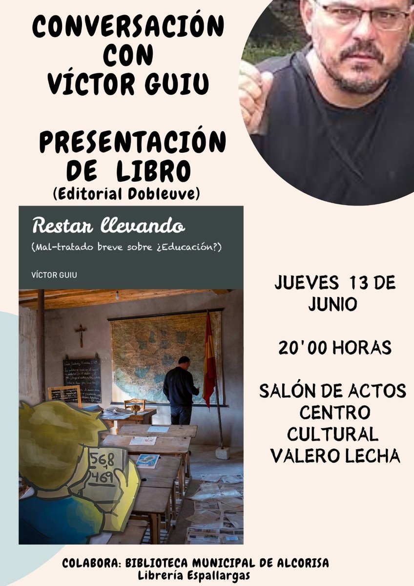 victorguiu's tweet photo. Este jueves en #alcorisa.
En el centro cultural Valero Lecha.
Os esperamos.

#restarllevando
#editorialdobleuve https://t.co/G8DdZmhFPK