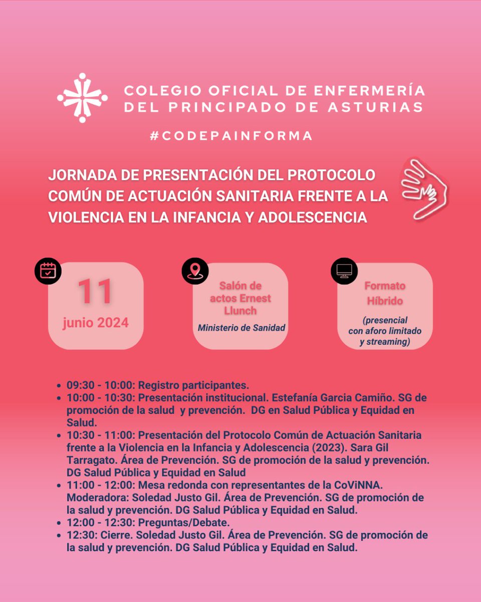 CODEPAsturias's tweet photo. #codepainforma JORNADA DE PRESENTACIÓN DEL PROTOCOLO COMÚN DE ACTUACIÓN SANITARIA FRENTE A LA VIOLENCIA EN LA INFANCIA Y ADOLESCENCIA
👉 11/jun/2024
👉 Formato híbrido: presencial y streaming
👉 Lugar: Salón de actos Ernest Lluch - Min. de Sanidad
Info: https://t.co/UaXn9aGvCA https://t.co/lumkh8acGm