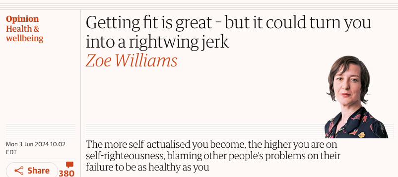 "Το να είσαι σε φόρμα σε κάνει να νιώθεις καλά και με αυτοπεποίθηση. Κάτι που σε κάνει πιο δεξιό. Το οποίο είναι κακό. Γι' αυτό να είσαι προσεκτικός στο να είσαι fit."

Η αυτοπεποίθηση είναι δεξιά.
Προσπαθήστε να μην είστε δεξιοί.

Μήπως ζούμε σε παράξενους καιρούς?