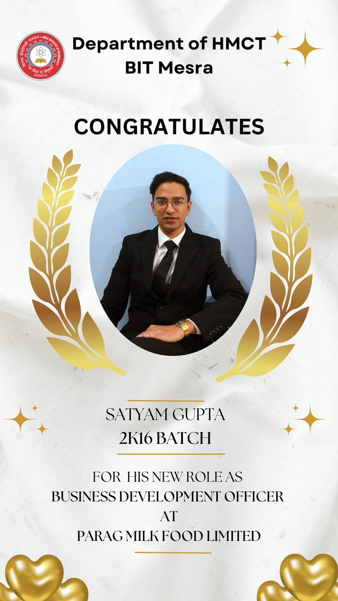 hmct_bitmesra's tweet photo. We are thrilled to announce that Satyam Gupta from the 2K16 batch has been appointed as the Business Development Officer at Parag Milk Foods Limited! 
This new role is a testament to his hard work, dedication, and talent. 
#AlumniSuccess #ProudMoment #NewBeginnings #HardWorkPays https://t.co/LuqthtcocP