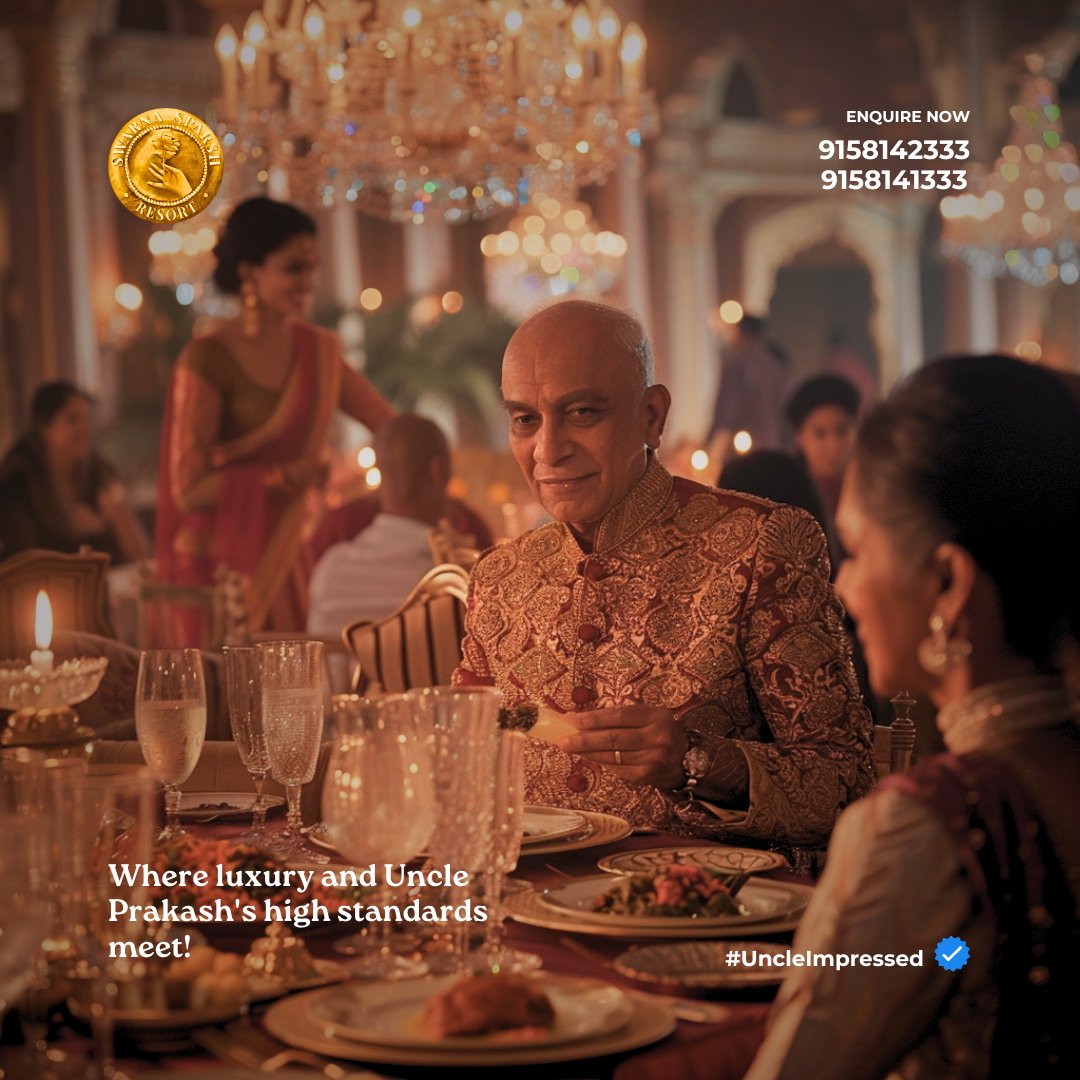 SwarnaSparsh's tweet image. Uncle Prakash, with his exquisite tastes, finds his haven at Swarna Sparsh. Our opulent suites and gourmet dining cater to his every whim, making him feel like royalty. Witness his approval as we define luxury. 

#swarnasparshresort #UncleImpressed #LuxuryDefined