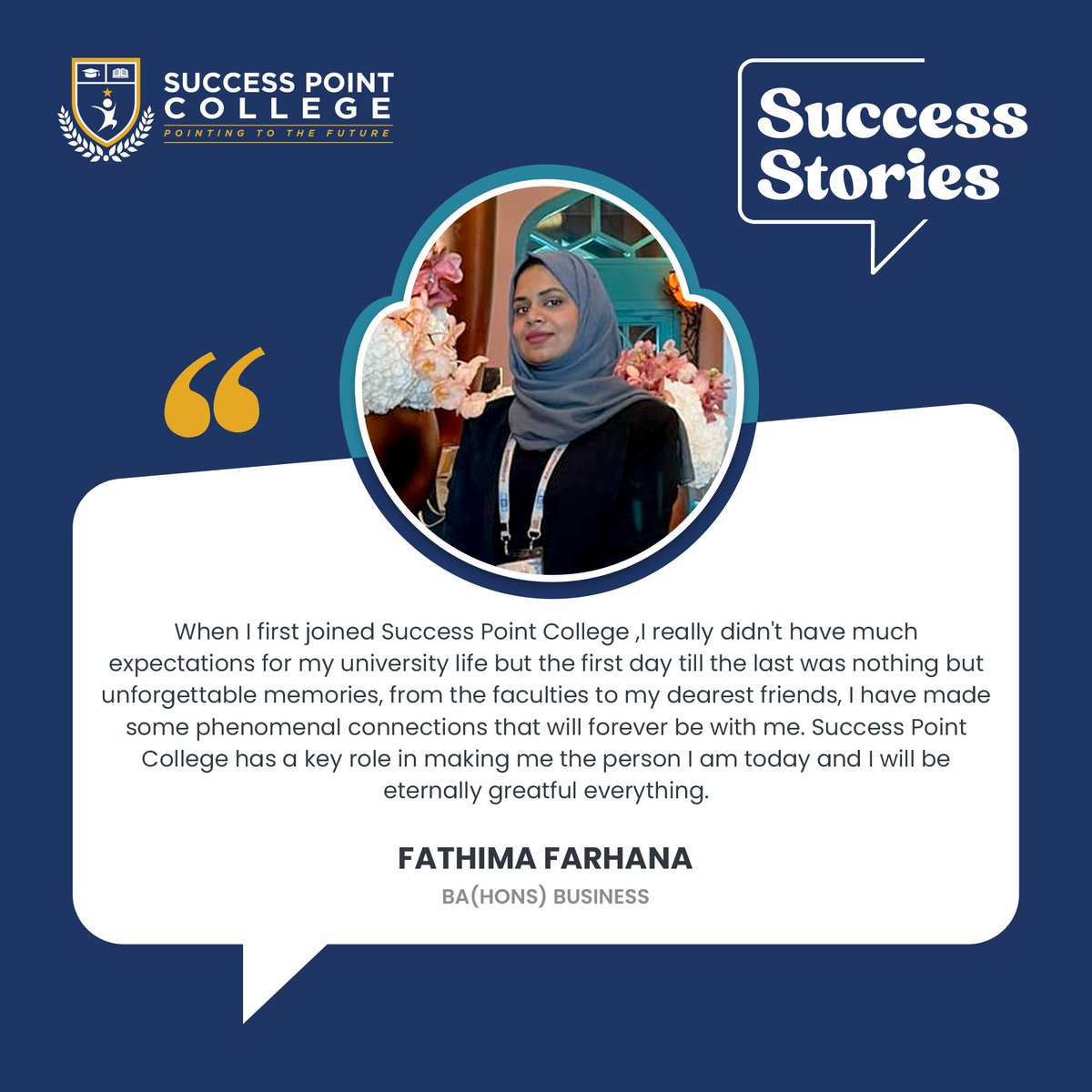 SuccessPointCo1's tweet image. Journey through time with Fathima Farhana as they share anecdotes and reflections from their college adventure, offering glimpses into the transformative power of higher education.

#LifeatSPC #SuccessPointCollege #OurLegacy #CollegeExperience