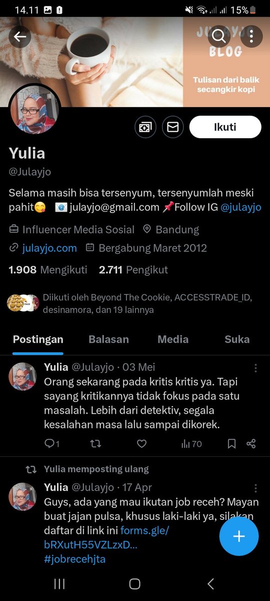 Dulu anggi blogger yang sekarang sudah ngak aktif, dalam sebutan ada <a href="/ombrill/">Brillianto</a> (Reel) @ariepudjiarso (Teknologi) <a href="/DimasAdy/">DimasAdy</a> (Chat) <a href="/Babeh_Helmi/">Helmi Budiprasetio</a> (Mi) <a href="/yusrielga/">yusriel</a> (Yu Reel GA), anggi tamu influencer media di bandung dengan majikan <a href="/Julayjo/">Yulia</a> (Yulia) diikuti BTC,Akses,kode 19