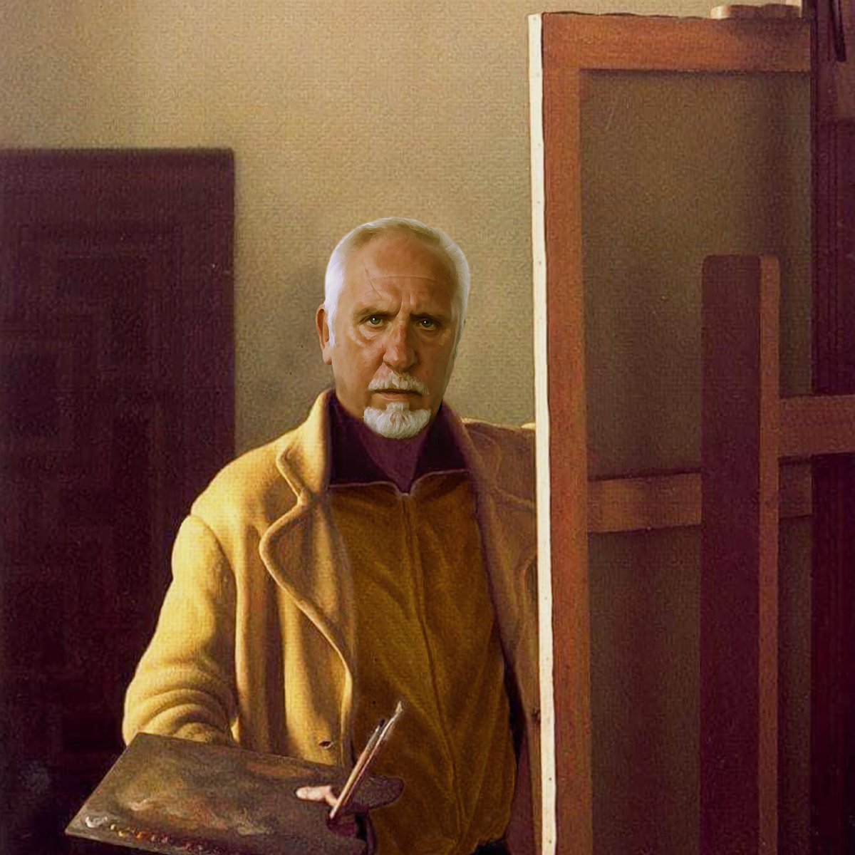 ColdwellContact's tweet image. Self Portrait in a Borrowed Yellow Jacket - 7 June 2024 #DigitalPainting #Art #SelfPortrait #NotAI #NoNFT